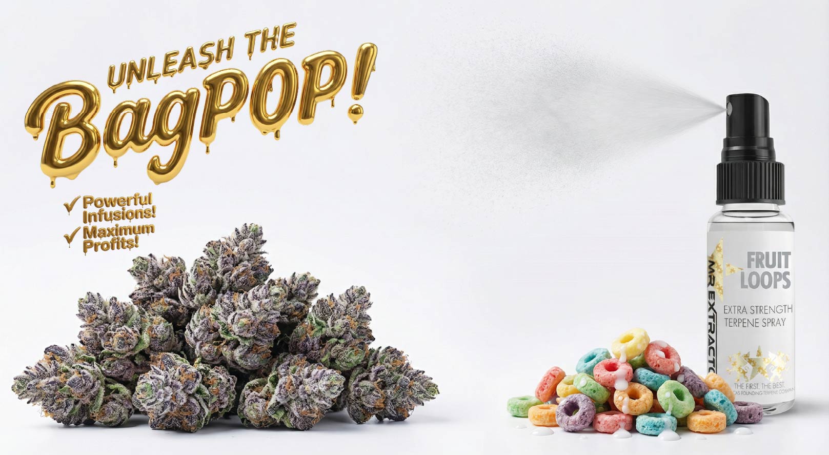 BagPOP™ terpene spray hero image — extra-strength aroma/flavor spray misting onto plant material with Fruit Loops bottle and cereal visual