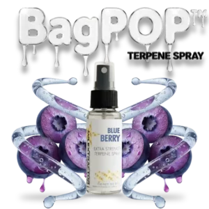 Blueberry Candy BagPOP Terpene Spray bottle with blueberries and candy liquid splash
