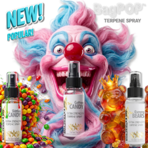 BagPOP™ candy sample pack terpene spray bottles with Gummy Bear Candy, Cotton Candy, and Skittles Candy graphics