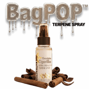 Chocolate Cigarillo terpene spray (BagPOP™) — extra-strength aroma/flavor spray bottle with chocolate curls and cigarillo decoration