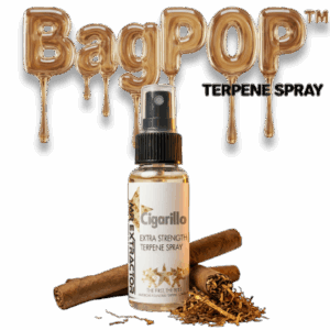 Cigarillo terpene spray (BagPOP™) — extra-strength aroma/flavor spray bottle with cigarillo and tobacco leaf decoration