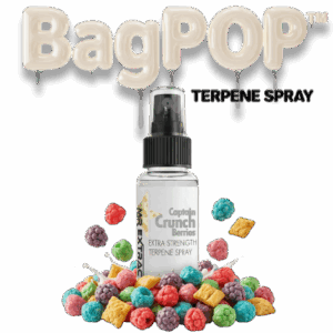 Captain Crunch Berries terpene spray (BagPOP™) — extra-strength aroma/flavor spray bottle with crunchy berry cereal decoration