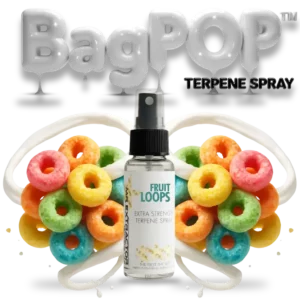 Fruit Loops BagPOP Terpene Spray bottle with colorful cereal rings and fruity splash