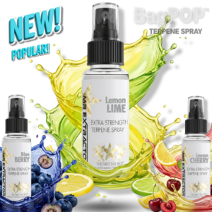 BagPOP™ terpene spray sample pack with Lemon Lime, Lemon Cherry, and Blueberry bottles with fruit and splash visuals