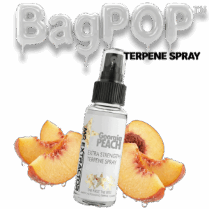 Georgia Peach terpene spray (BagPOP™) — extra-strength aroma/flavor spray bottle with fresh peach slice decoration