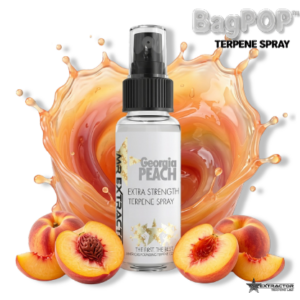 Georgia Peach terpene spray (BagPOP™) — extra-strength aroma/flavor spray bottle with fresh peach slice decoration