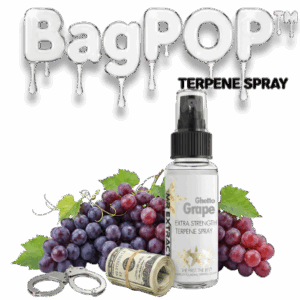 Ghetto Grape terpene spray (BagPOP™) — extra-strength aroma/flavor spray bottle with grape clusters, cash roll, and handcuffs decoration
