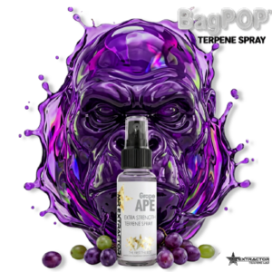 Grape Apde terpene spray (BagPOP™) — extra-strength aroma/flavor spray bottle with grape clusters, cash roll, and handcuffs decoration