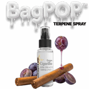 Grape Cigarillo terpene spray (BagPOP™) — extra-strength aroma/flavor spray bottle with grapes and cigarillo decoration