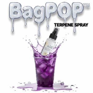 Purple Drink terpene spray (BagPOP™) — extra-strength aroma/flavor spray bottle splashing into a cup of purple drink with ice