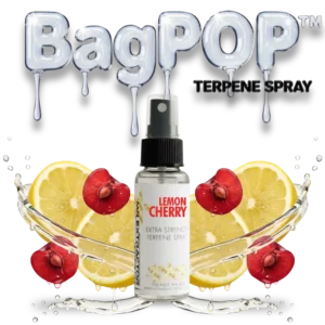 Lemon Cherry Pop BagPOP Terpene Spray bottle with lemon slices, cherries, and soda splash