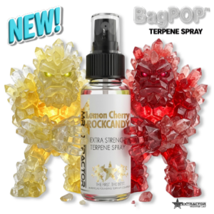 Lemon Cherry Rock Candy BagPOP terpene spray by Mr. Extractor with yellow and red crystal candy figures