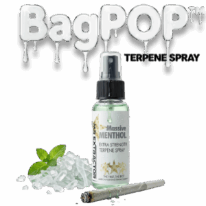 Massive Menthol terpene spray (BagPOP™) — extra-strength aroma/flavor spray bottle with mint leaves, ice, and a rolled cone