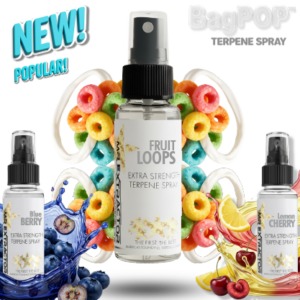 BagPOP™ Lemon Cherry Gelato, Blueberry Candy, and Fruit Loops sample pack terpene spray bottles with candy cereal and fruit graphics