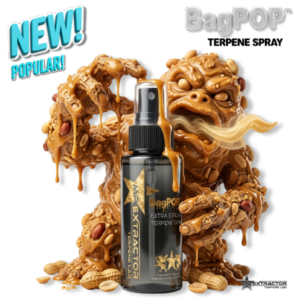 Botanical flavor terpene sprays. BagPOP™ Peanut Butter Breath terpene spray bottle with peanut butter swirl and peanuts decoration.