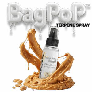 BagPOP™ Peanut Butter Breath terpene spray bottle with peanut butter swirl and peanuts decoration