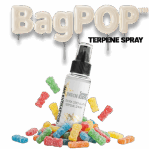 BagPOP™ Sour Patch Kids terpene spray bottle with sour gummy candy decoration