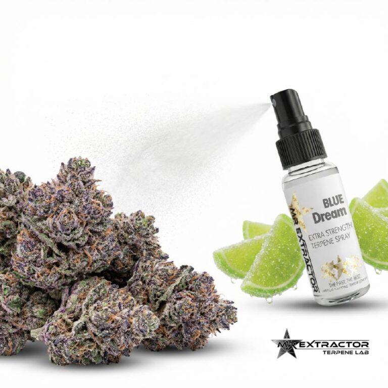 Terpene spray misting onto plant material to boost bag aroma (BagPOP™) — extra-strength aroma/flavor spray by Mr. Extractor