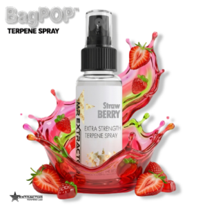 Strawberry Gummy BagPOP Terpene Spray bottle with strawberry gummies and candy splash