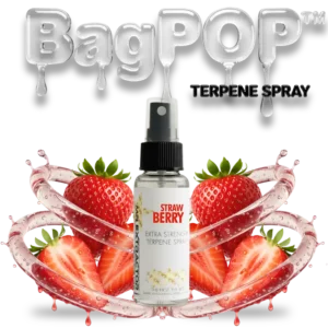 Strawberry Gummy BagPOP Terpene Spray bottle with strawberry gummies and candy splash
