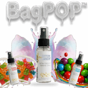 BagPOP™ candy sample pack terpene spray bottles with Gummy Bear Candy, Cotton Candy, and Skittles Candy graphics