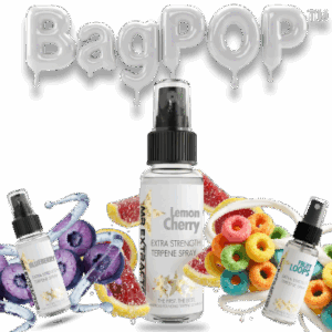 BagPOP™ Lemon Cherry Gelato, Blueberry Candy, and Fruit Loops sample pack terpene spray bottles with candy cereal and fruit graphics