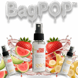 BagPOP™ Strawberry, Watermelon, and Banana sample pack terpene spray bottles with fruit splash graphics