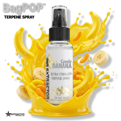 Banana Candy BagPOP Terpene Spray bottle with yellow banana candy slices and liquid splash