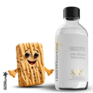 Bottle of Mr Extractor Biscotti Botanical Terpenes, a top-selling product in 2023. Award-winning terpene blend for enhanced CBD experience. Organic and botanical goodness.