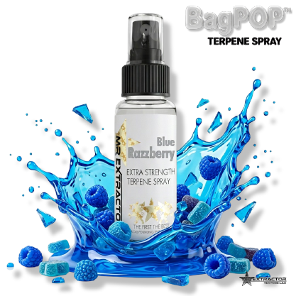 Blue Razzberry BagPOP Terpene Spray bottle with blue candy pieces and liquid splash