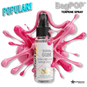 Cereal Flavored Terpene Sprays. Bubblegum Classic BagPOP Terpene Spray bottle with pink bubblegum pieces and liquid splash