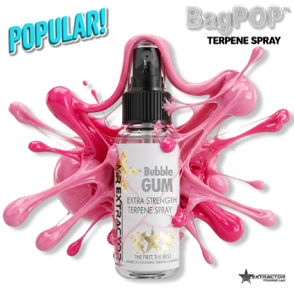 Cereal Flavored Terpene Sprays. Bubblegum Classic BagPOP Terpene Spray bottle with pink bubblegum pieces and liquid splash