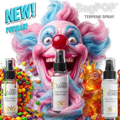 BagPOP™ candy sample pack terpene spray bottles with Gummy Bear Candy, Cotton Candy, and Skittles Candy graphics. Featured in Terpene Spray Sample Packs.