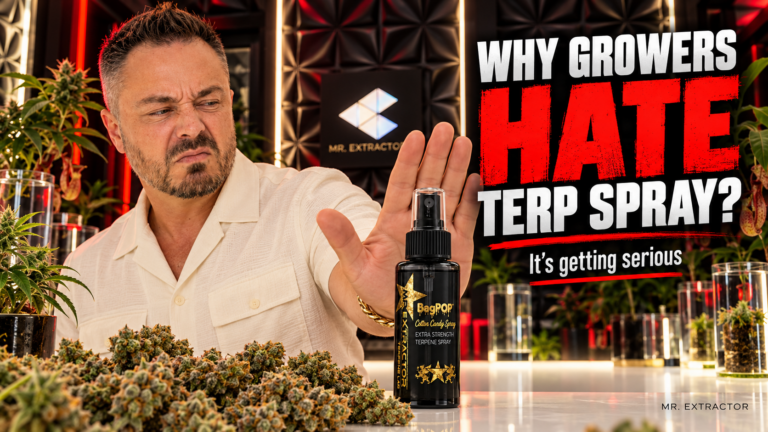 Drew Jones gestures toward a BagPop terp spray bottle beside the words Why Growers Hate Terp Spray