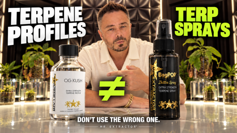 Drew Jones compares an OG Kush terpene profile bottle with a BagPop terp spray bottle