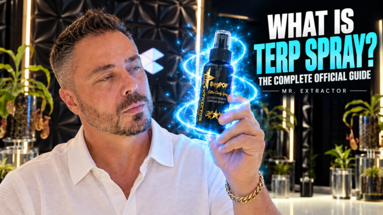 Drew Jones holds a BagPop terp spray bottle beside text asking what terp spray is