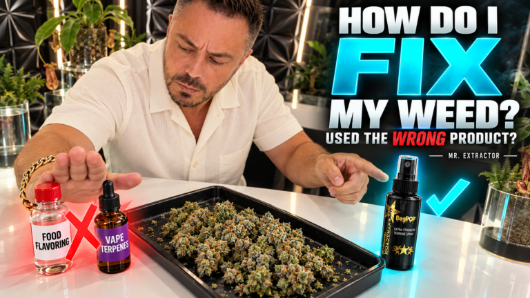 Drew Jones points to BagPop terp spray beside flower and bottles labeled food flavoring and vape terpenes