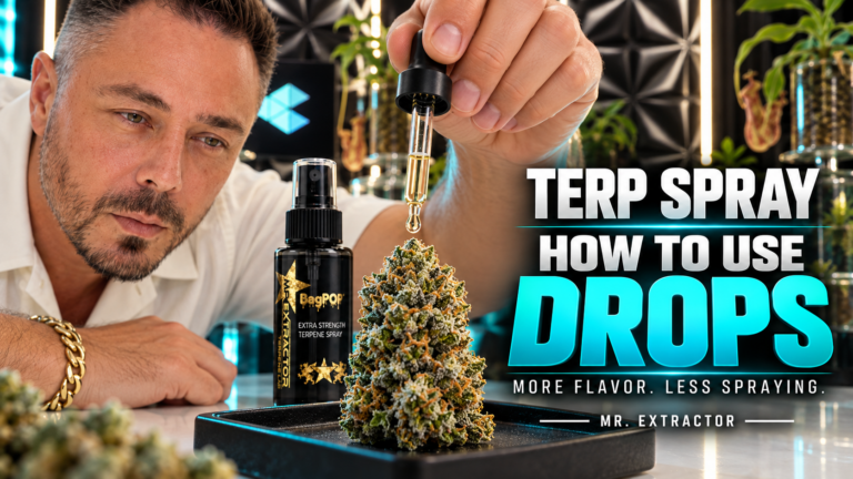 Drew Jones holds a dropper over a cannabis bud beside BagPop terp spray and How to Use Drops text