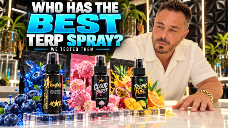 Drew Jones compares three flavored terp spray bottles beneath the question Who Has the Best Terp Spray