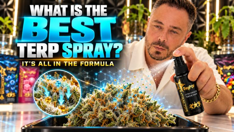 Drew Jones spraying BagPop terp spray onto cannabis flower; thumbnail asks what makes the best terp spray