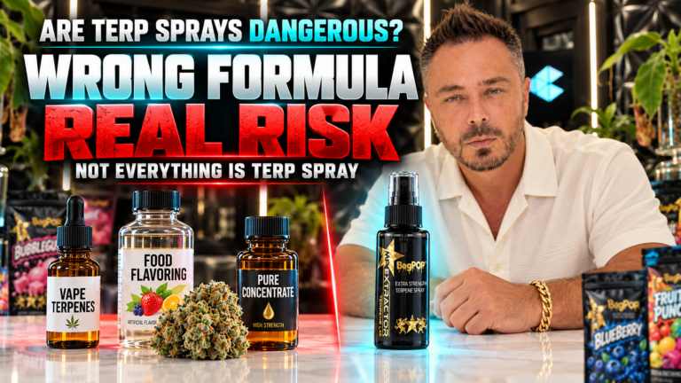 Drew Jones sits beside a BagPop bottle and other concentrated products under an Are Terp Sprays Dangerous warning