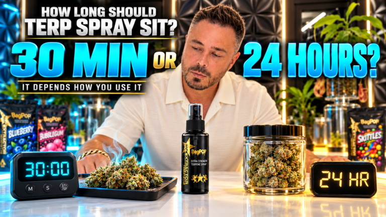 Drew Jones with BagPop terp spray, a 30-minute timer, and a 24-hour jar beneath How Long Should Terp Spray Sit text