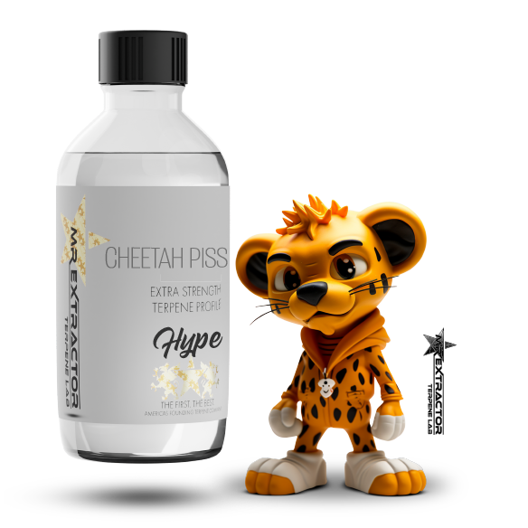 Mr Extractor's "Cheetah Piss" Terpenes: A trio blend of Lemonnade, Gelato 42, and London Poundcake 97, bursting with citrus and pine.