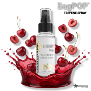 Cherry Pop BagPOP terpene spray by Mr. Extractor with red cherry splash and fresh cherry fruit
