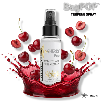 Cherry Pop BagPOP terpene spray by Mr. Extractor with red cherry splash and fresh cherry fruit