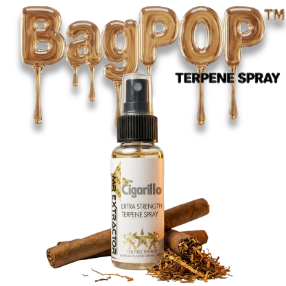 Cigarillo terpene spray (BagPOP™) — extra-strength aroma/flavor spray bottle with cigarillo and tobacco leaf decoration