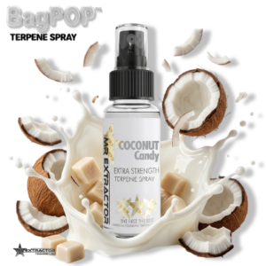 Coconut Candy BagPOP Terpene Spray bottle with coconut pieces and milky splash