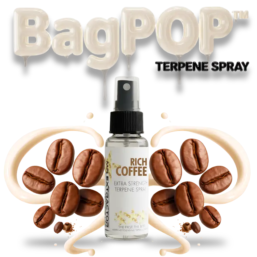 Coffee BagPOP Terpene Spray bottle with roasted coffee beans and aromatic swirl