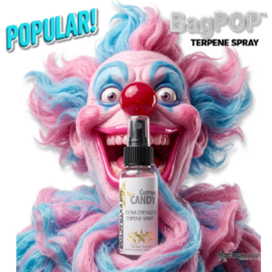 Cotton Candy BagPOP Terpene Spray bottle with pink cotton candy and sugary swirl