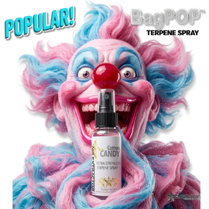 Cotton Candy BagPOP Terpene Spray bottle with pink cotton candy and sugary swirl
